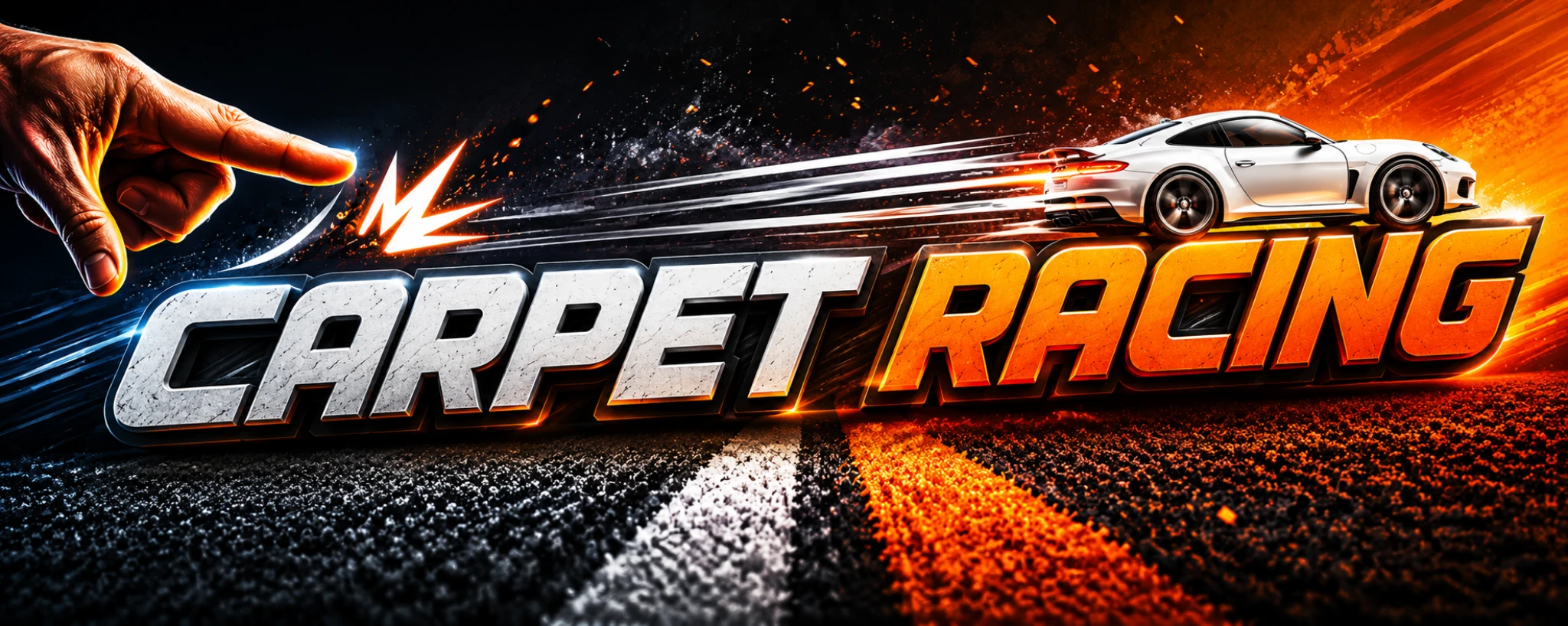 Carpet Racing artwork showing a finger flicking a miniature white racing car.