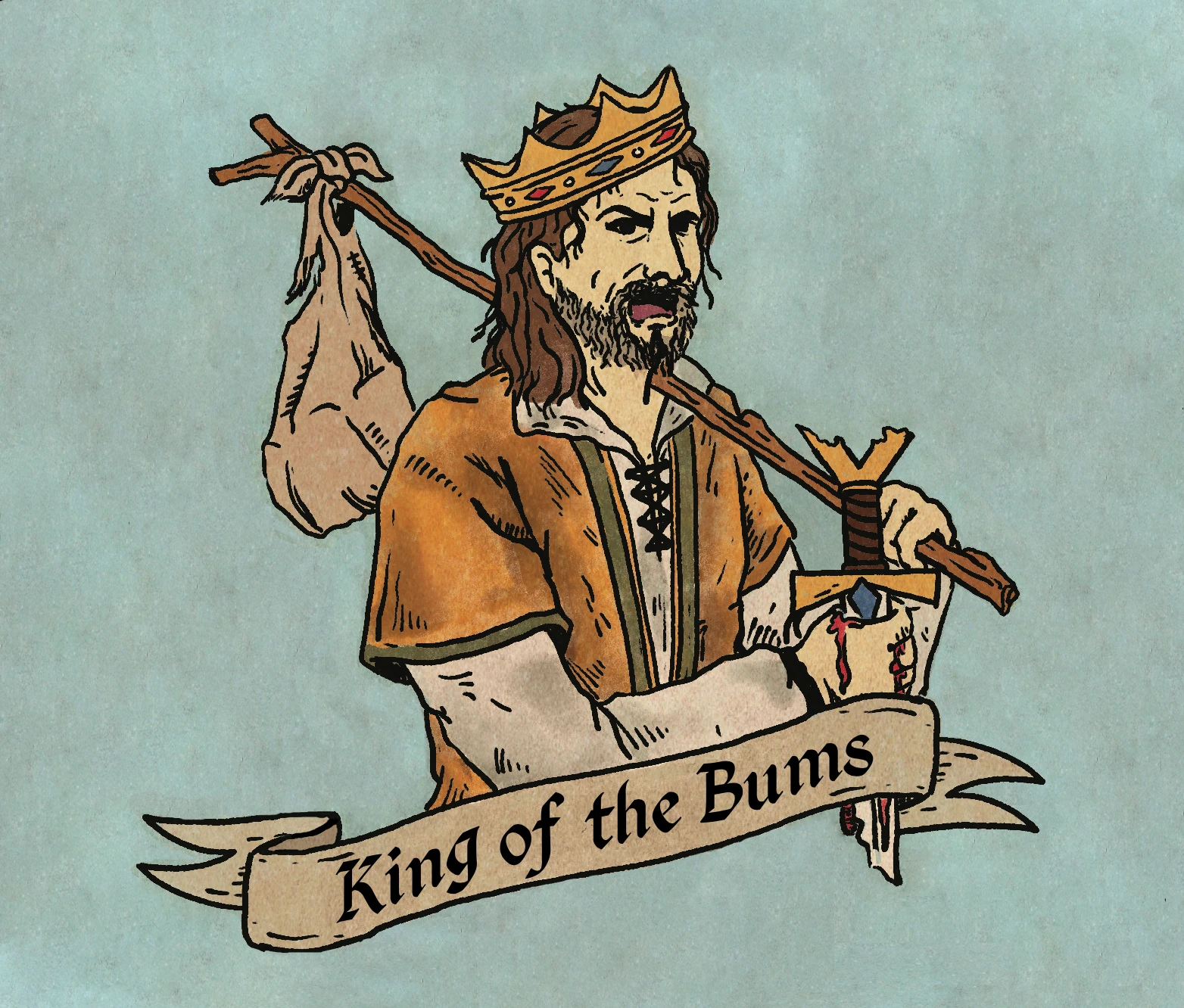 King of the Bums illustrated artwork showing a crowned wanderer carrying a bindle and sword.