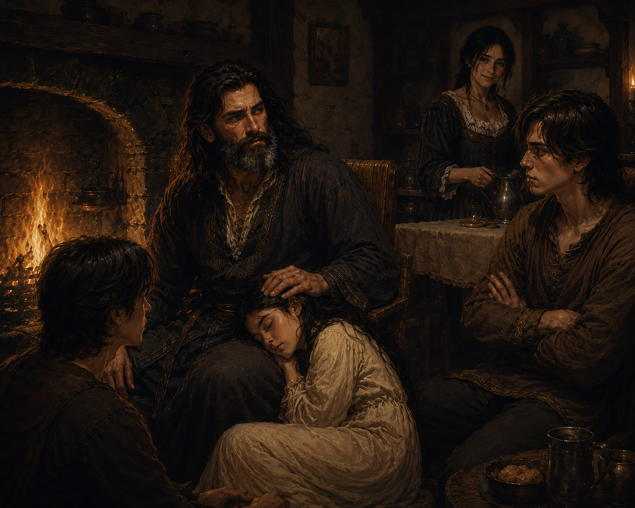 A family gathered beside a fire, with a child asleep against her father.